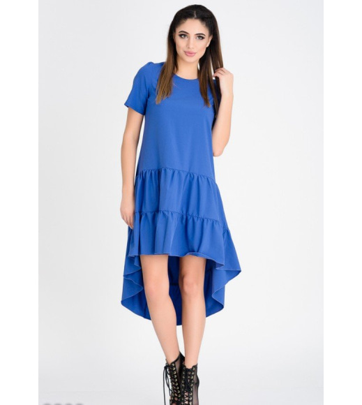 Синє літнє плаття з короткими рукавами і присобранной асиметричної спідницею