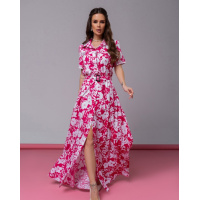 Бело-малиновое длинное платье-рубашка в цветочек