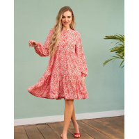 Красное цветочное платье-трапеция на пуговицах