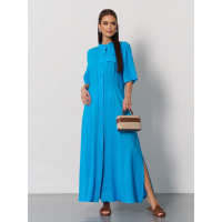 Голубое хлопковое платье-рубашка с разрезами