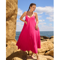 Льняное малиновое платье-трапеция на бретельках