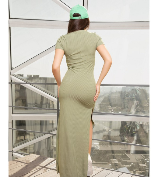 Трикотажное платье цвета хаки с боковыми разрезами