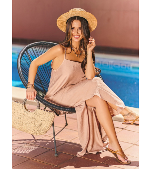 Бежевый льняной сарафан с боковыми разрезами