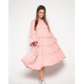 Розовое платье-трапеция с воланами и рюшами