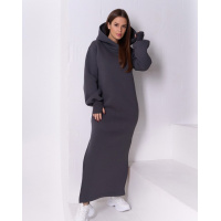Серое теплое платье-толстовка с разрезами