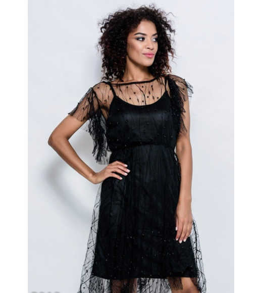 Черное комбинированное платье из короткой комбинации и кружевного верхнего платья на кулиске расшитого жемчужинами