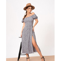 Серое платье в ретро стиле с разрезом