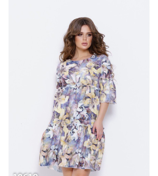Платье с рюшами и акварельным цветочным принтом