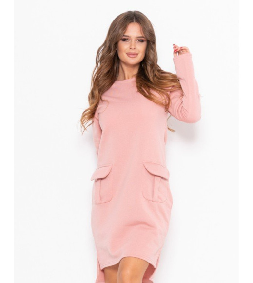 Розовое теплое асимметричное платье с карманами