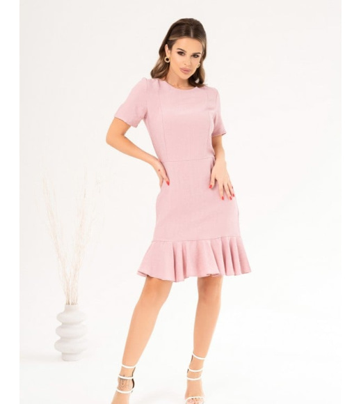 Розовое льняное платье с нижним воланом