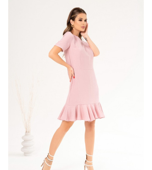 Розовое льняное платье с нижним воланом