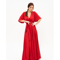 Червона шовкова довга сукня з декольте на запах