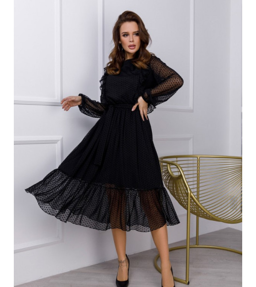 Черное комбинированное платье с рюшами