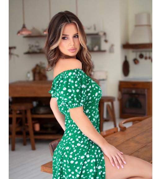 Зелена бавовняна сукня з розрізом