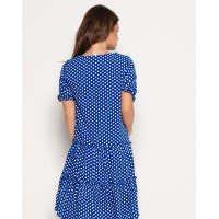 Синя в горошок сукня з воланами і рюшами