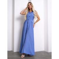 Голубое длинное платье-рубашка из льна