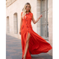 Оранжевое длинное платье-рубашка из льна