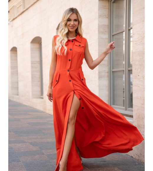 Помаранчева довга сукня-сорочка з льону