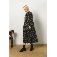 Черное принтованное в листочки длинное свободное платье с пышными рукавами Seventeen 2048.5309