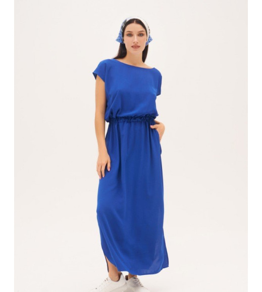 Синее коттоновое платье с фигурным вырезом спинки