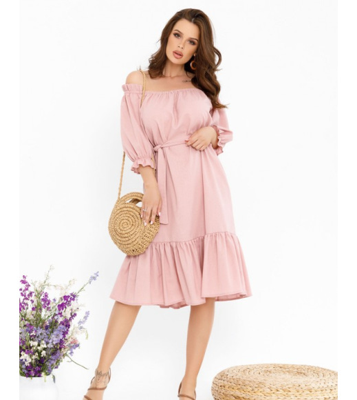 Розовое коттоновое платье с приспущенными плечами