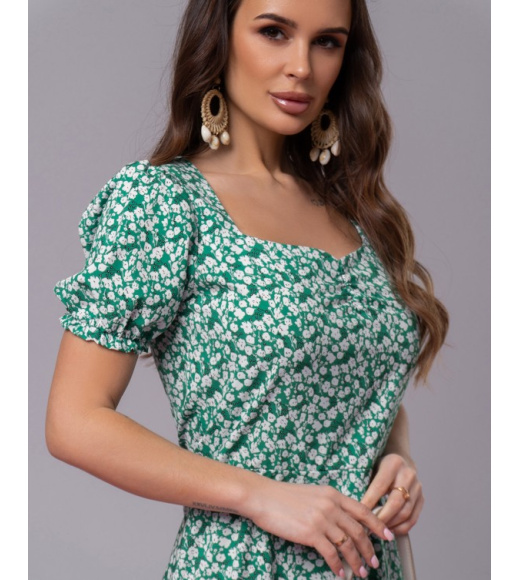 Зеленое ретро платье с цветочным принтом и разрезом