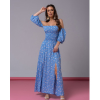 Хлопковое голубое платье с двумя разрезами