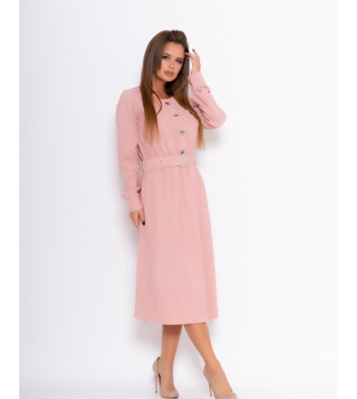 Розовое вельветовое приталенное платье с планкой