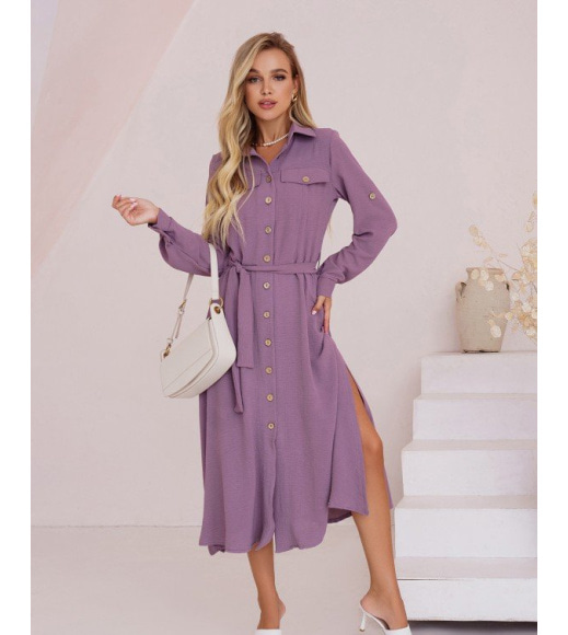 Темно-фиолетовое платье-рубашка с боковыми разрезами