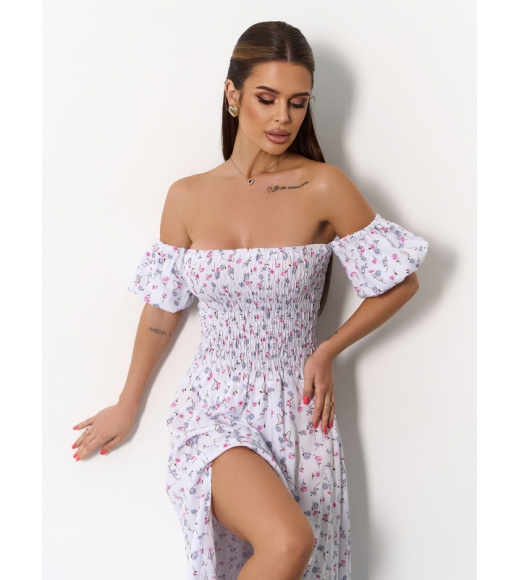 Белое хлопковое платье бандо с разрезами