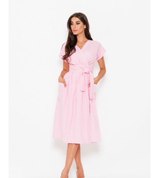 Рожеве лляне плаття на запах з кишенями