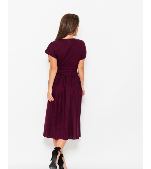 Бордовое коттоновое платье на запах с карманами