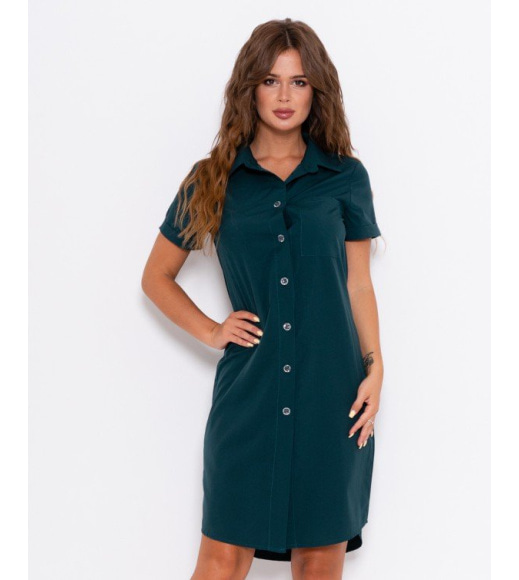 Зеленое платье-рубашка с поясом и карманом