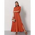Терракотовое хлопковое платье-рубашка с разрезами