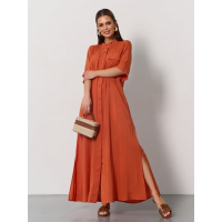 Терракотовое хлопковое платье-рубашка с разрезами