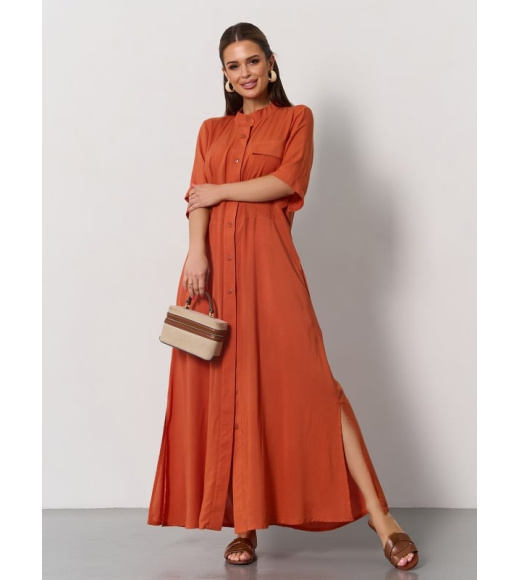 Терракотовое хлопковое платье-рубашка с разрезами