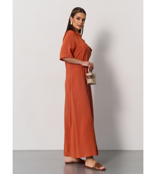 Терракотовое хлопковое платье-рубашка с разрезами