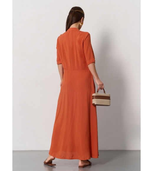 Терракотовое хлопковое платье-рубашка с разрезами