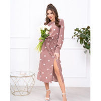 Бежевое платье в горох с кулиской и разрезом