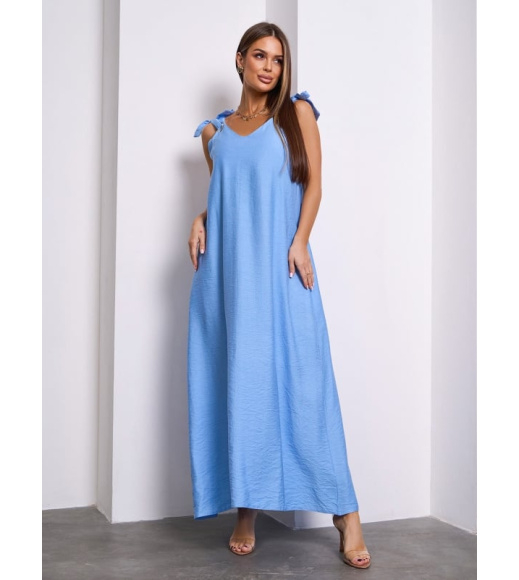 Голубой льняной сарафан на завязках