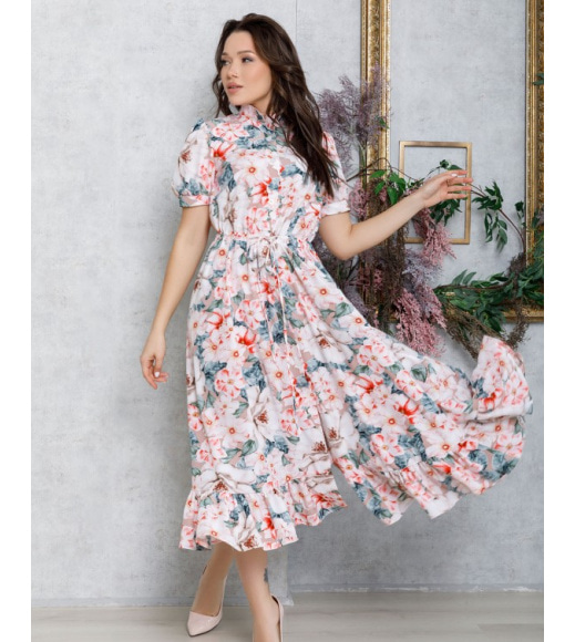 Цветочное платье-рубашка с кулиской и воланом