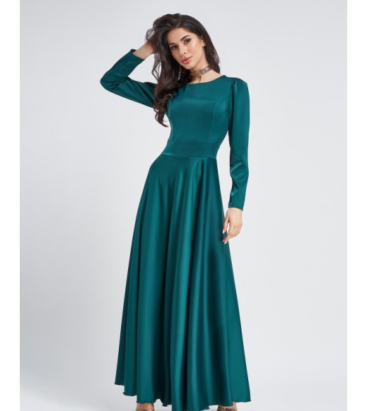 Зеленое сатиновое платье в пол