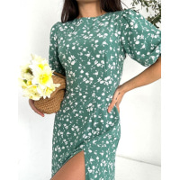 Оливкова квіткова сукня з об'ємними рукавами