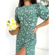 Оливковое цветочное платье с объемными рукавами