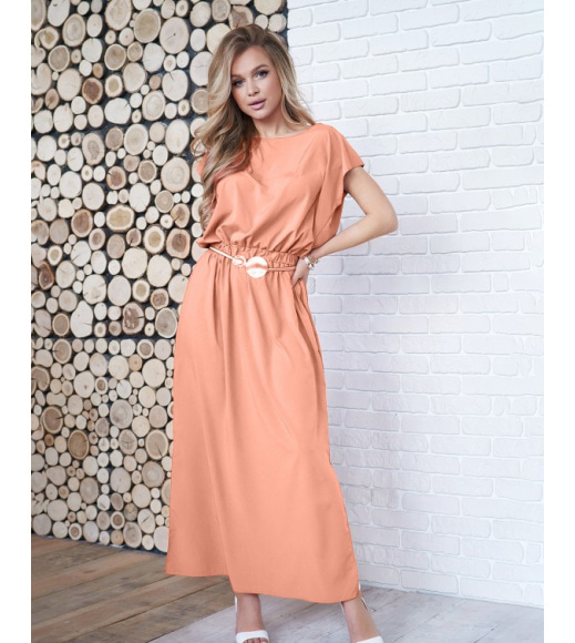Персиковое длинное платье с декоративной спинкой