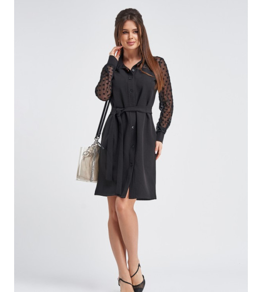 Черное платье-рубашка с сетчатыми вставками