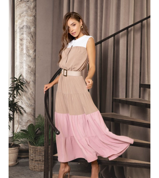 Бежевое длинное платье с розово-белой вставкой