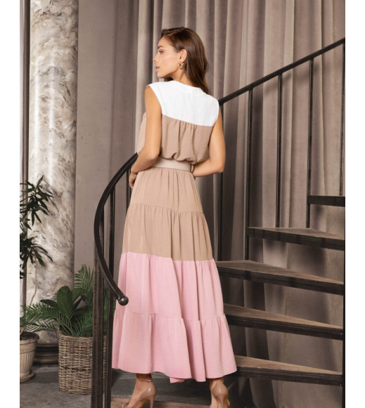 Бежева довга сукня з рожево-білою вставкою
