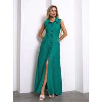 Зеленое длинное платье-рубашка из льна