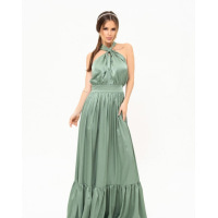 Оливковое шелковое длинное платье с открытой спиной